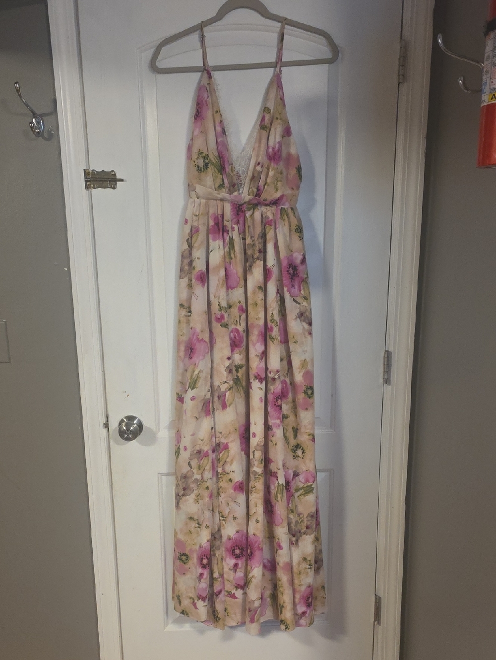 Floral Pink Cream Formal V-Neck Maxi Dress